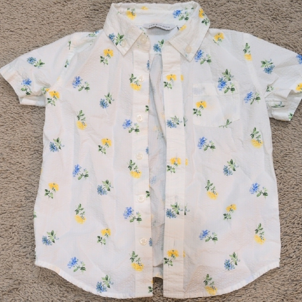 Janie and Jack Floral Button Down Shirt - White with Yellow and Blue